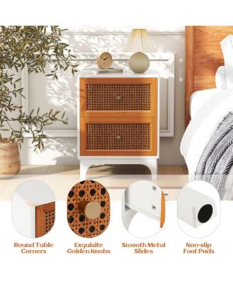 Boho Accent Table – 2 Handwoven Rattan Drawers – Stylish Nightstand for Bedroom or Living Room Storage & Decor