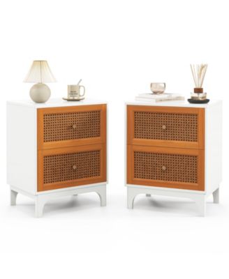 Boho Accent Table – 2 Handwoven Rattan Drawers – Stylish Nightstand for Bedroom or Living Room Storage & Decor