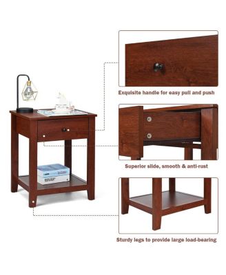 Set of 2 Nightstand with Storage Shelf and Pull Handle