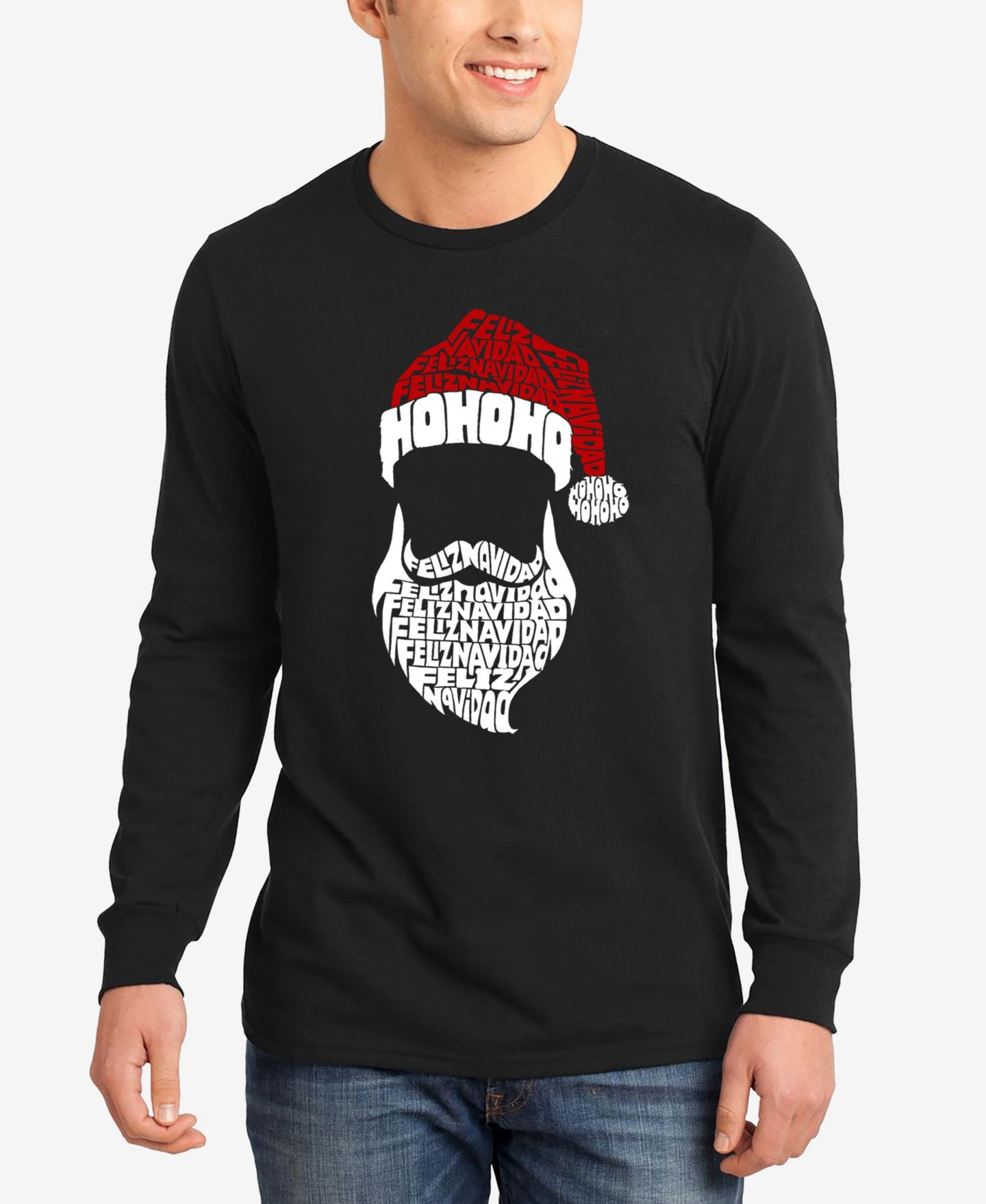 Мужская футболка LA Pop Art Feliz Navidad Santa Claus Word Art Long Sleeve, цвет: Чёрный — фото 1