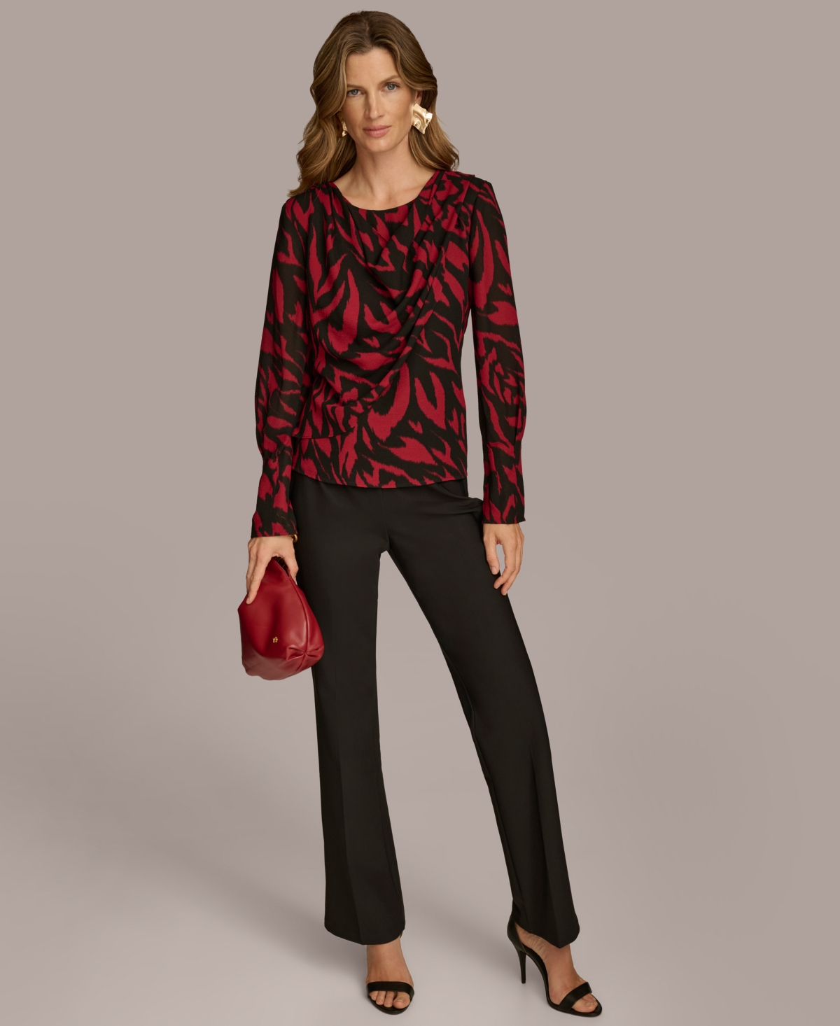 Donna Karan New York Women's Printed Drape-Front Top -Black Multi