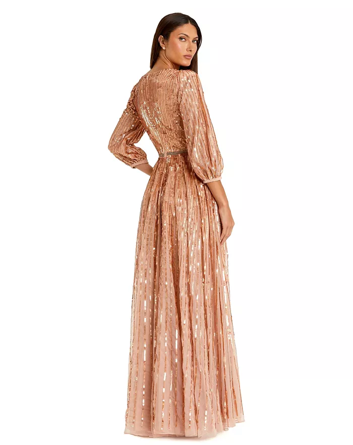 Women's Sequined Wrap Over 3/4 Sleeve Gown - thumbnail 2