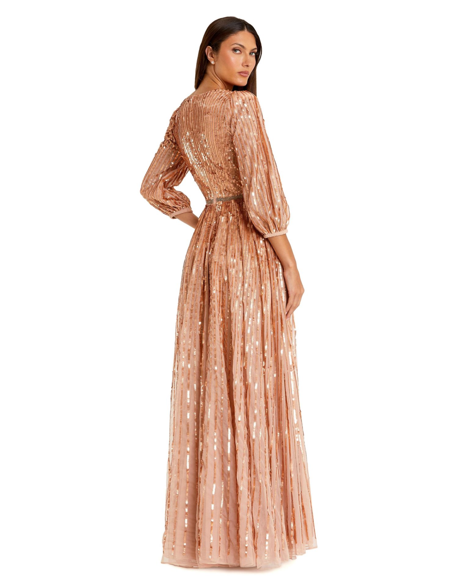 Women's Sequined Wrap Over 3/4 Sleeve Gown