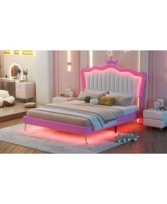 LED Upholstered Princess Bed with Crown Headboard