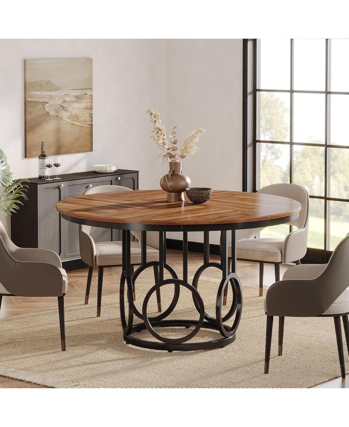Tribesigns Round Dining Table for 4-6 People, 47-Inch Circle Kitchen Table Dining Room Table with Sturdy Metal Base, Wood Dinner Table for Dinin