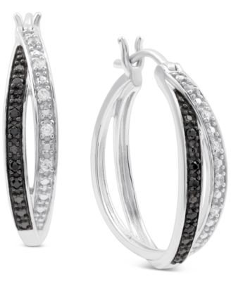Macy's - Black & White Diamond Double Crossover Small Hoop Earrings (1/6 ct. t.w.) in Sterling Silver