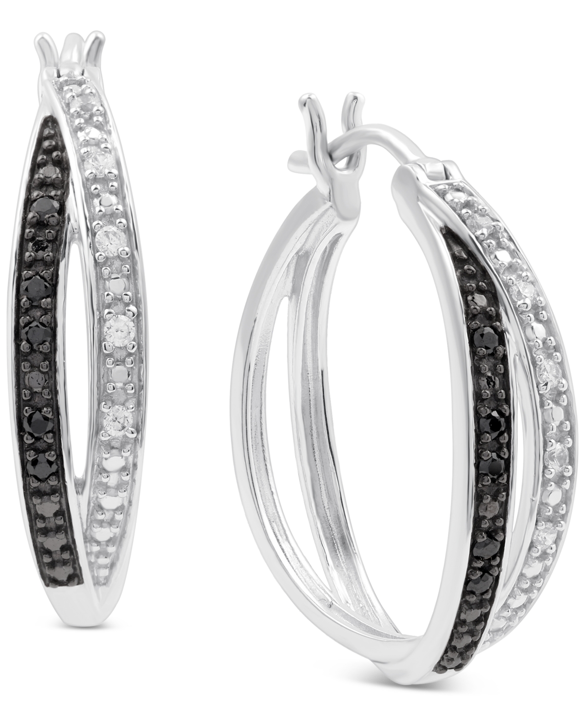Macy's Black & White Diamond Double Crossover Small Hoop Earrings (1/6 Ct. T.w.) In Sterling Silver In Sterling Silver