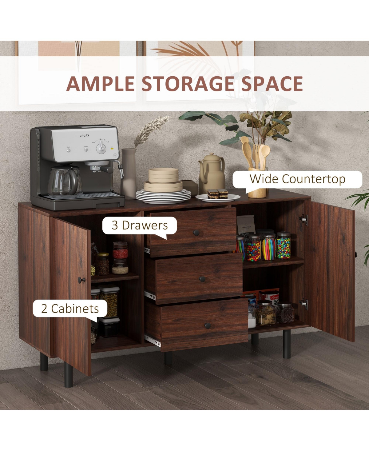 Simplie Fun Rustic Brown Sideboard Buffet Cabinet with Storage and Adjustable Shelves