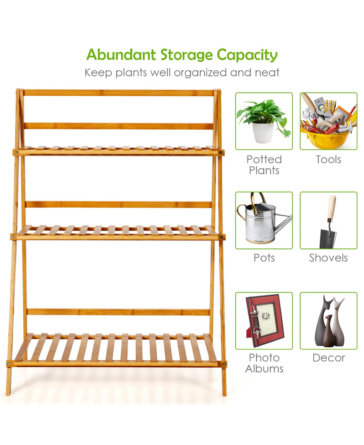 Costway 3 Tier Outdoor Bamboo Flower Pot Shelf Stand Folding Display Rack Garden Yard