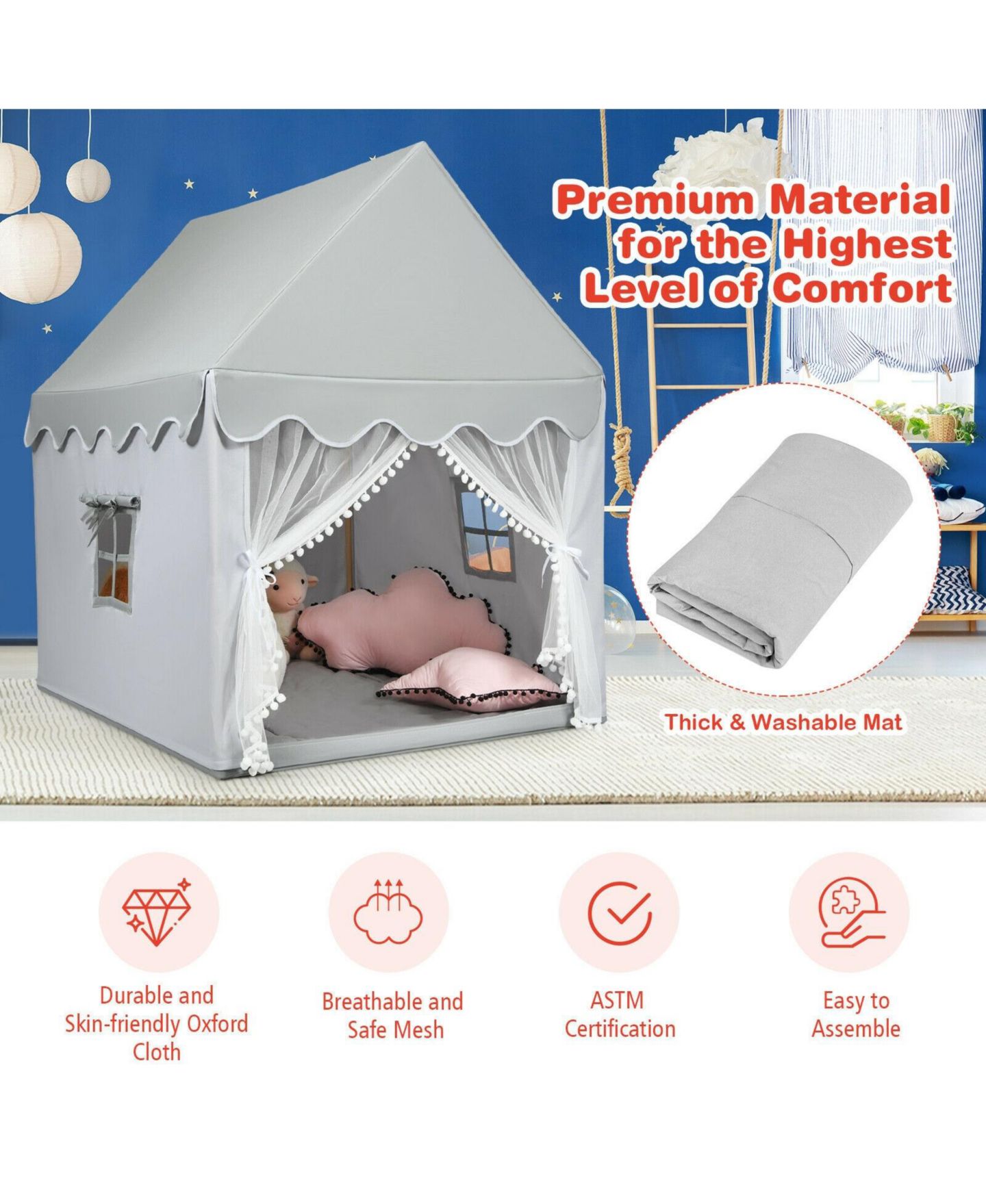 Детские игрушки VEBREDA Fairy Castle Solid Wood Frame Play Tent, 2-Piece Set, Ages 3+, цвет: Серый — фото 7