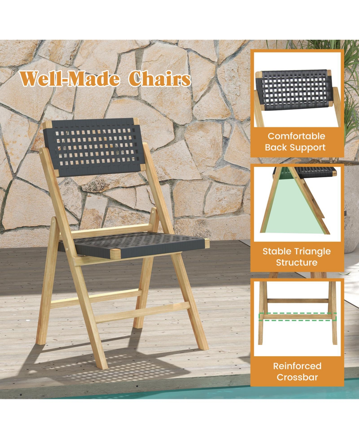 Sugift Set of 2 Folding Chairs Indonesia Teak Wood Dining Chairs with Woven Rope Seat and Back