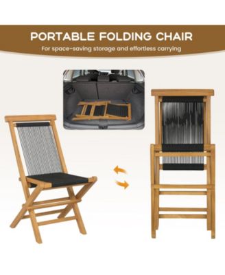 2 Piece Indonesia Teak Patio Folding Chairs with Woven Rope Seat and Back for Porch Backyard Poolside