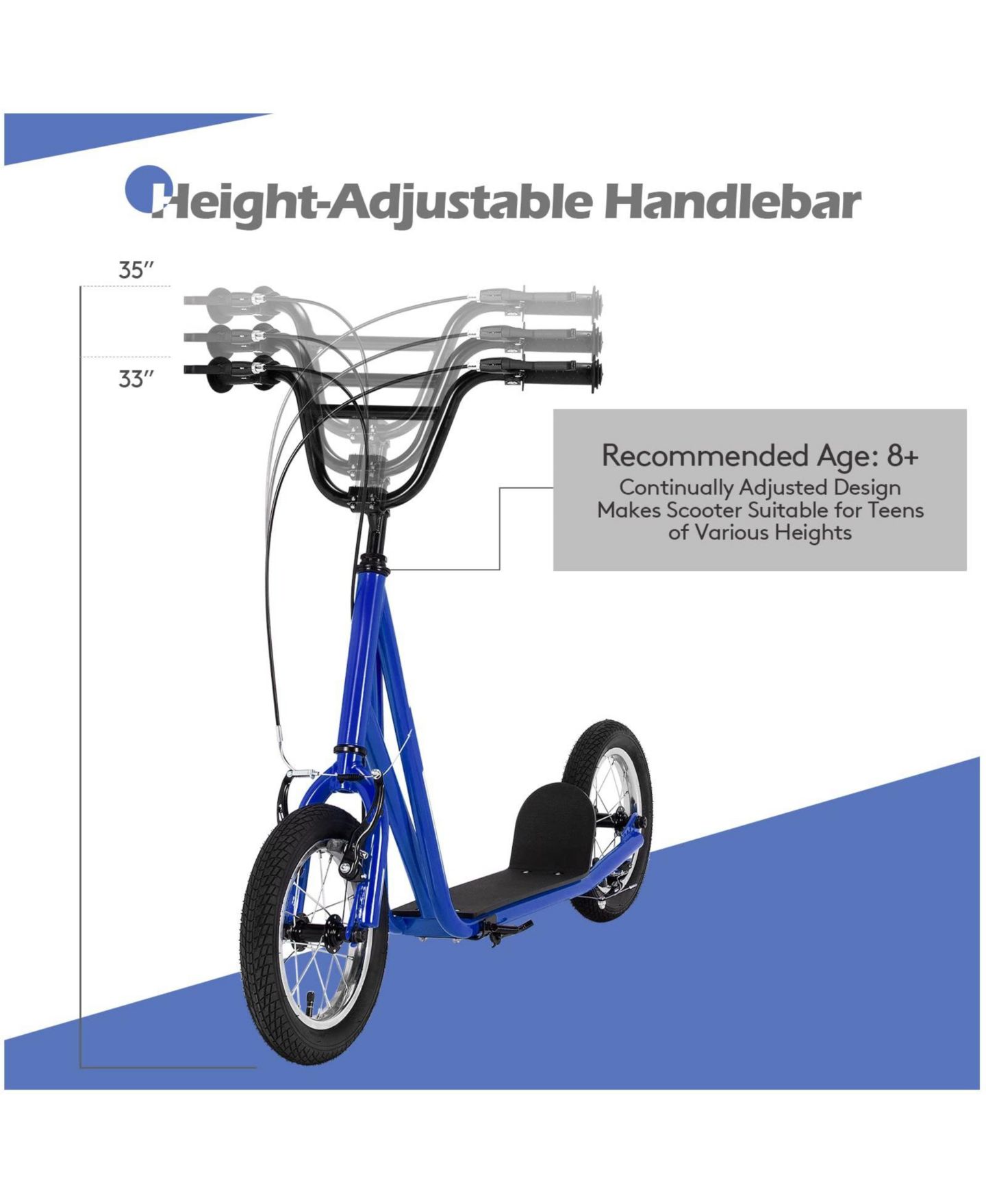 Детская игрушка VEBREDA Height-Adjustable Kid Kick Scooter with 12-Inch Pneumatic Tire and Rear Brake, Ages 5-12, цвет: Синий — фото 7