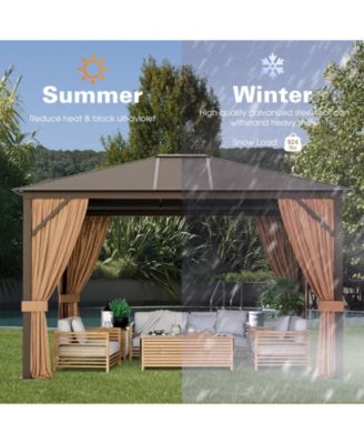 12 x10 Feet Outdoor Hardtop Gazebo with Galvanized Steel Top and Netting-Brown