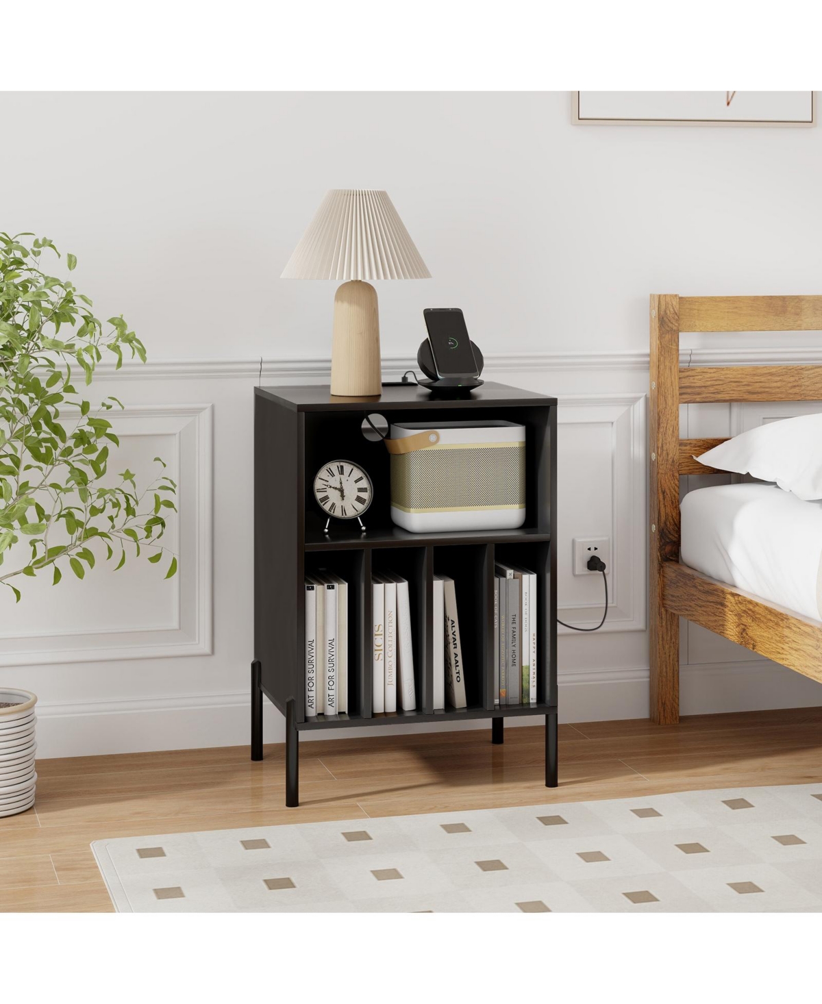 Skonyon Record Player Stand with Record Storage Shelf and Charging Station- Black