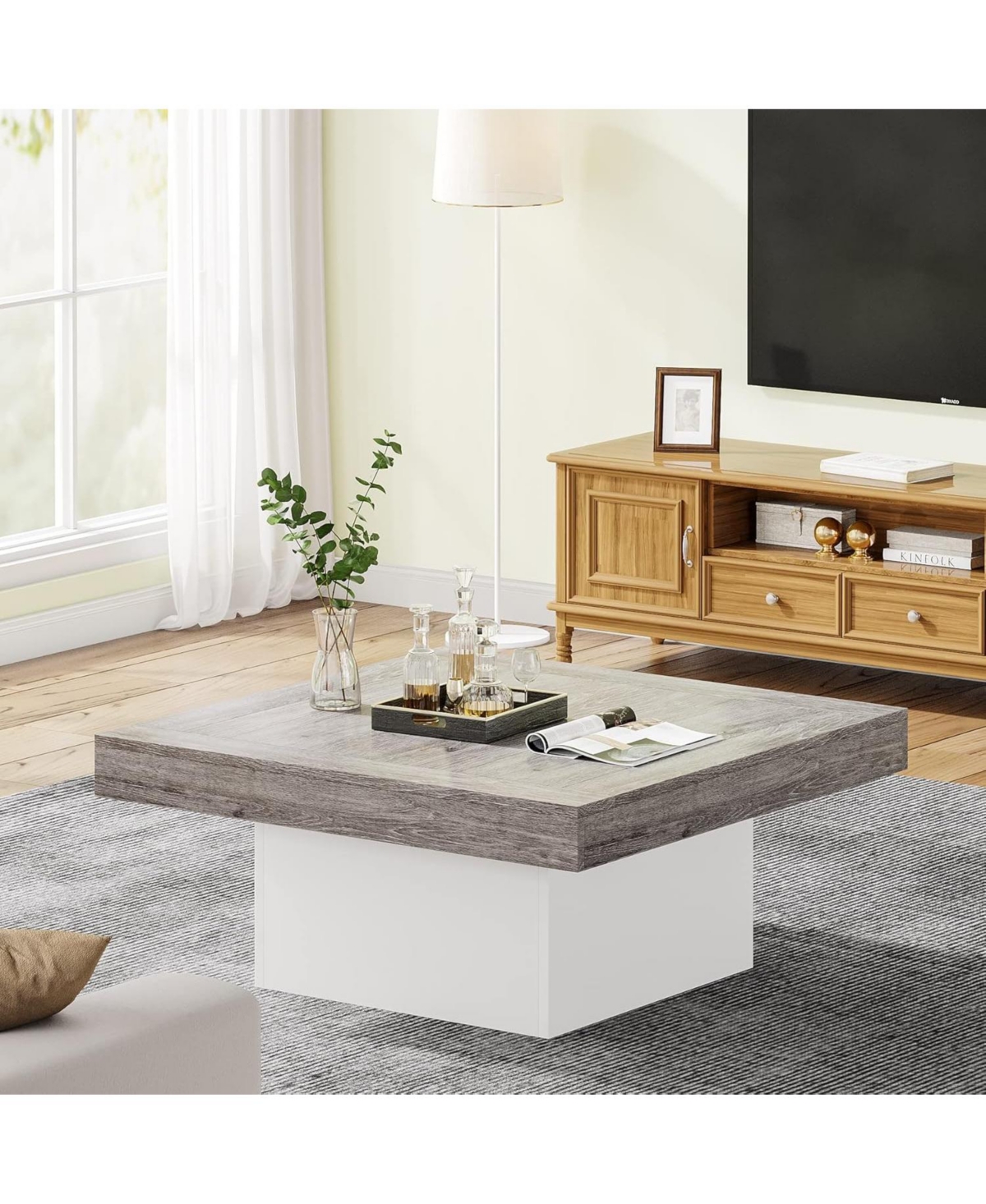 Tribesigns Coffee Table Square Led Coffee Table Engineered Wood Low Coffee Table for Living Room - Grey and white