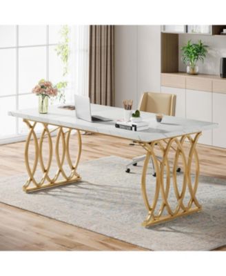 Modern Dining Table, 63" Large Kitchen Table for 4-6 People, Unique Rectangular Dinner Table Kitchen & Dining Room Furniture with Faux Marble Tabletop and Geometric Legs