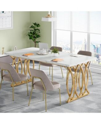 Modern Dining Table, 63" Large Kitchen Table for 4-6 People, Unique Rectangular Dinner Table Kitchen & Dining Room Furniture with Faux Marble Tabletop and Geometric Legs
