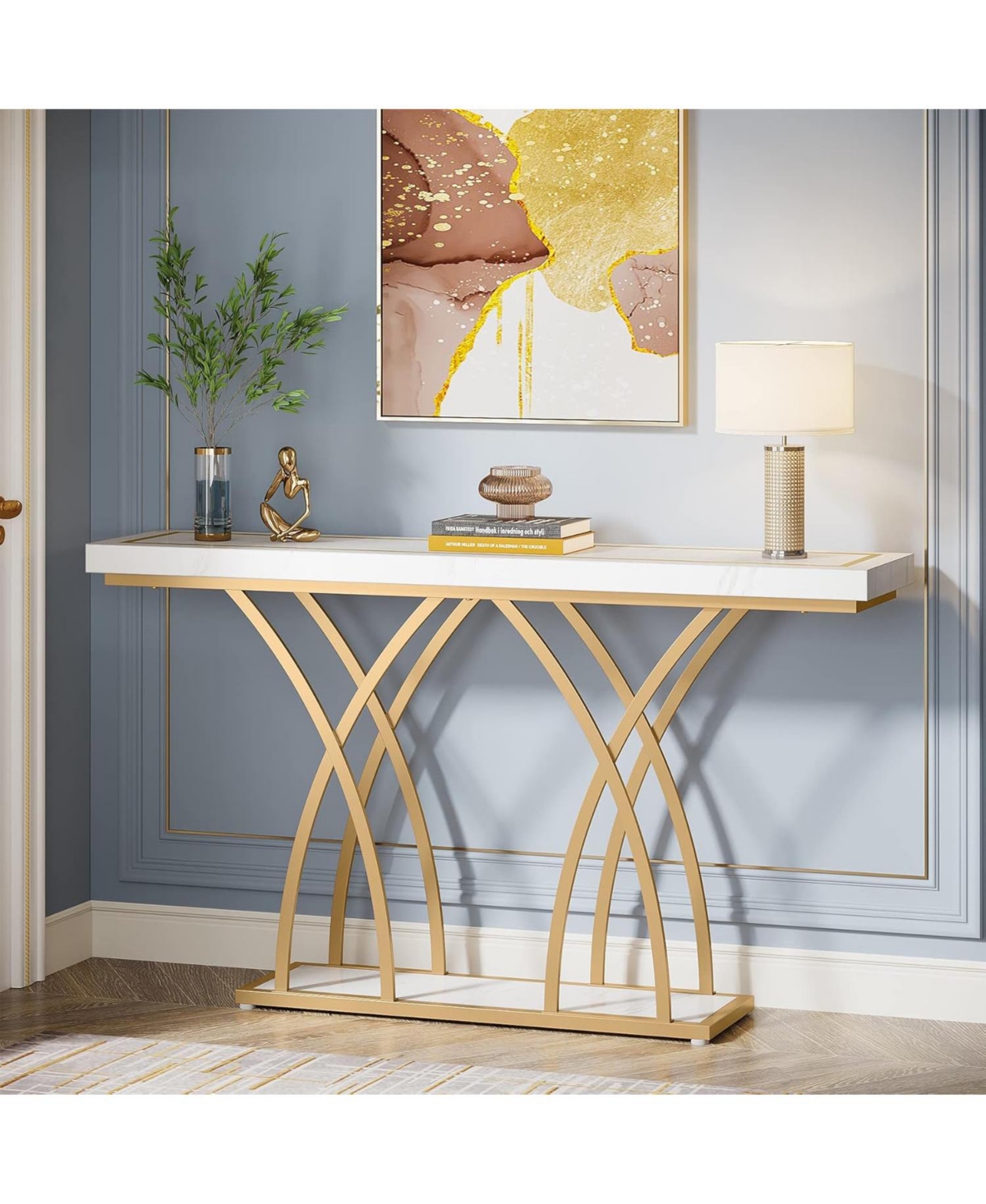 Tribesigns Gold Console Table, Modern Faux Marble Veneer Entryway Table Behind Sofa Couch, Narrow Long Hallway Table with Geometric Metal Legs