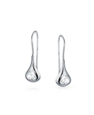 Carved Etched Puffed Pear Shaped Rain Drop Teardrop Earrings Fishhook Sterling Silver