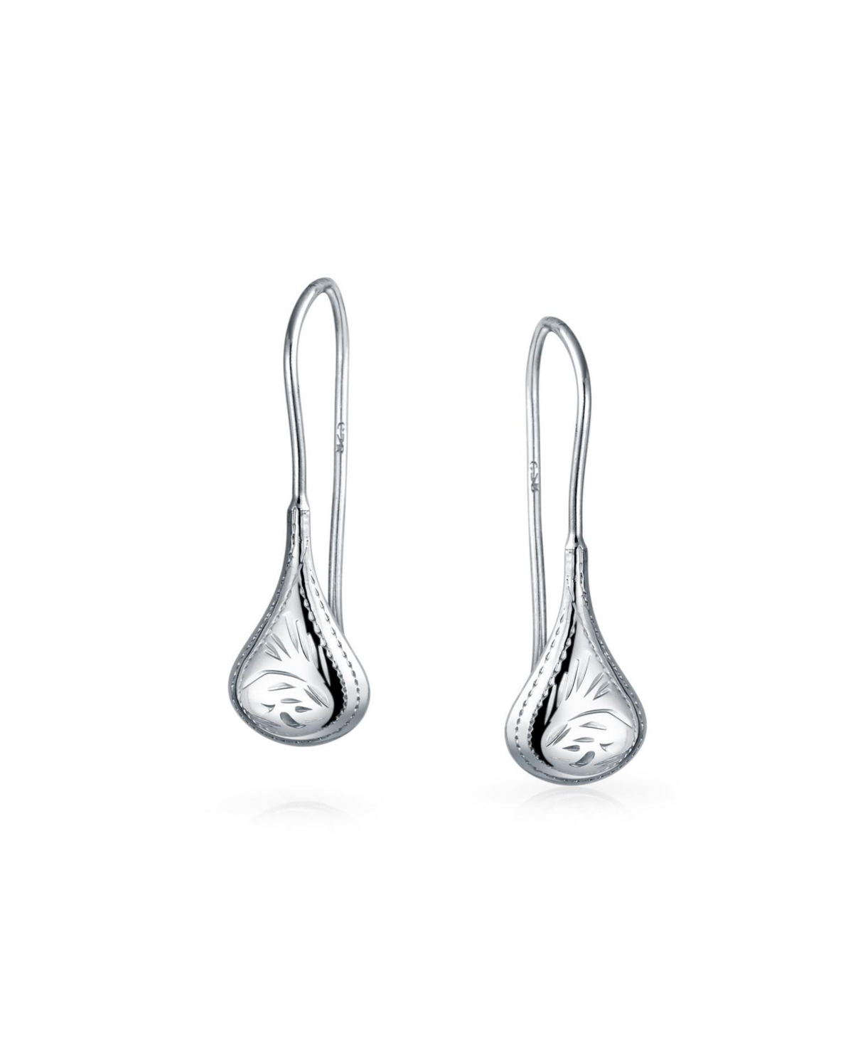 Bling Jewelry Carved Etched Puffed Pear Shaped Rain Drop Teardrop Earrings For Women Fishhook Sterling- Silver