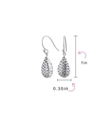Basket Weave Puffed Pear Shaped Rain Drop Teardrop Earrings Fishhook Sterling Silver 1.2 Inch