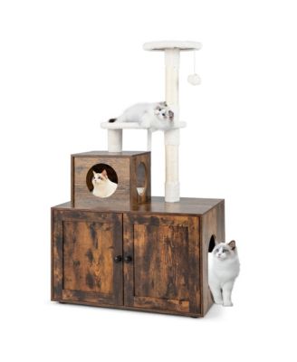 2-in-1 Wooden Litter Box Enclosure with Cat Tree Hidden Washroom Furniture