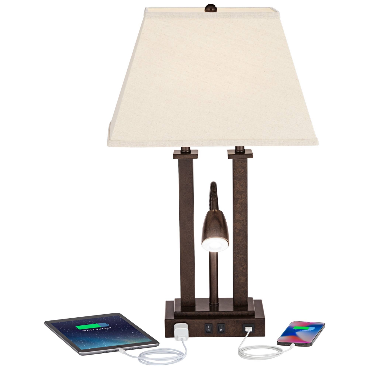 Possini Euro Design Deacon Modern Desk Table Lamp with Usb and Ac Power Outlet in Base Gooseneck Led High Bronze Rectangular Linen Shade for Livin