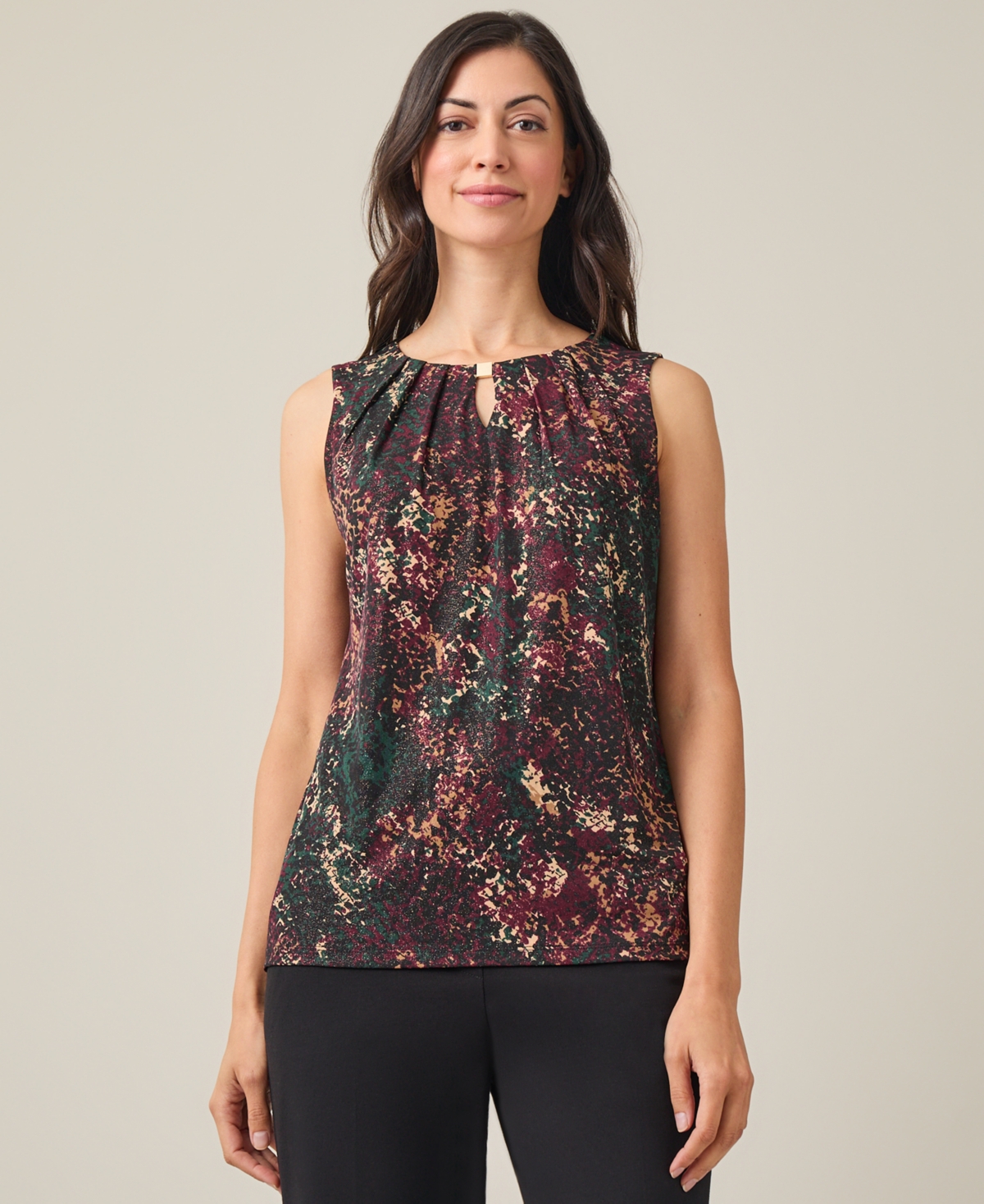Kasper Women's Printed Sleeveless Embellished-Neck Top