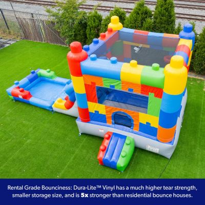 HeroKiddo Block Party Inflatable Water Slide Bounce House Combo with Splash Pool (with Air Blower), Commercial Grade, 100% PVC Vinyl, for Kids and Adults, Basketball Hoop, Outdoor Play, Wet Dry