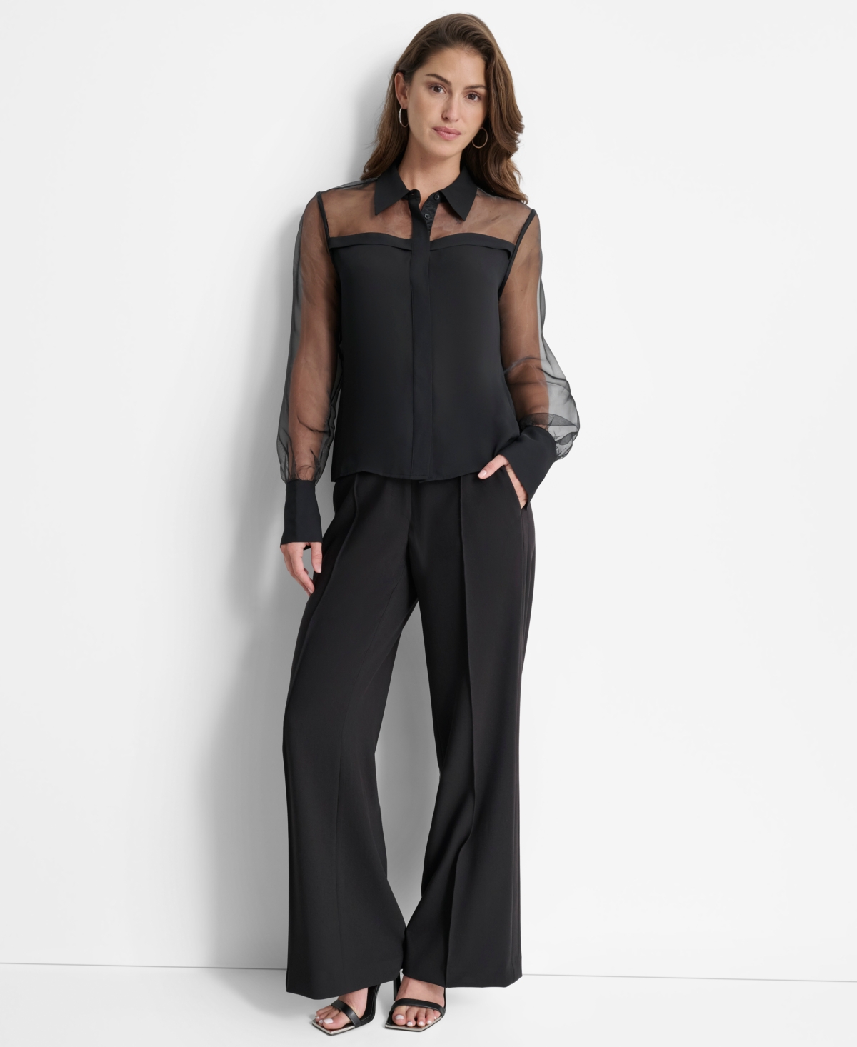 Dkny Women's Mixed-media Organza Long-sleeve Blouse In Black
