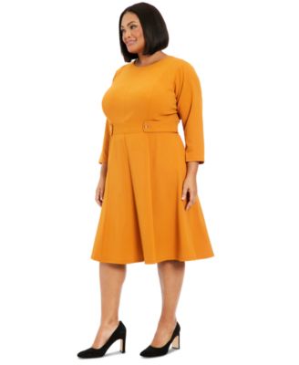 Plus Size 3/4-Sleeve Tab-Waist Fit & Flare Dress