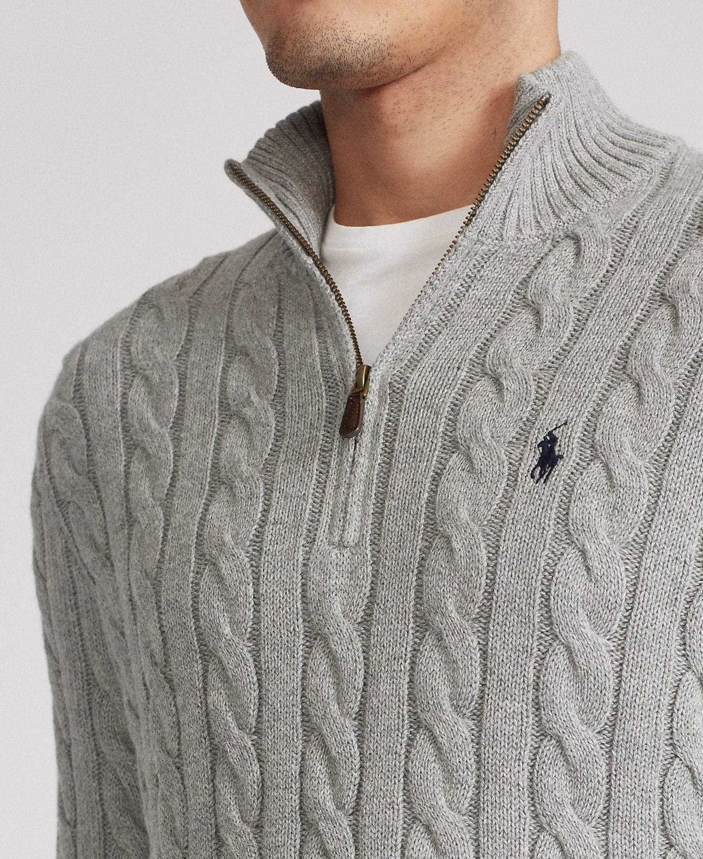 Мужской свитер Polo Ralph Lauren Big & Tall Cable-Knit Cotton Quarter-Zip, цвет: Палевый серый меланжевый — фото 5