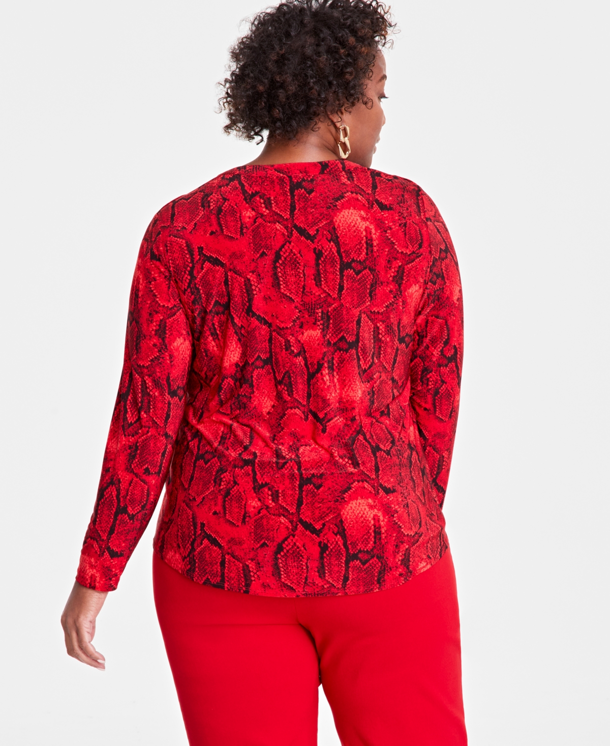 I.n.c. International Concepts Plus Size Printed Split-Neck Long-Sleeve Top, Created for Macy's