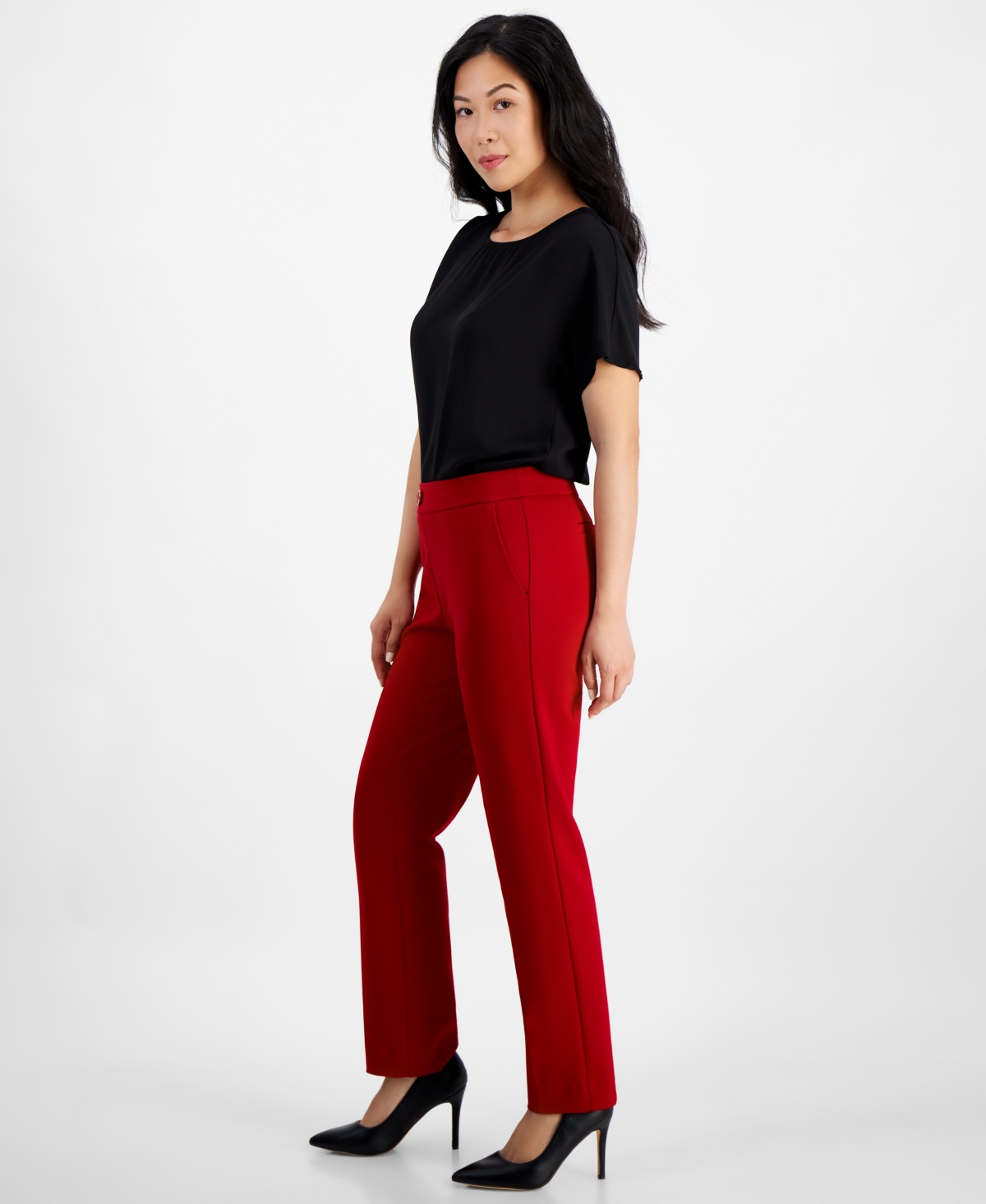 Ak Anne Klein Petite Pull-On Faux-Fly Front Pants