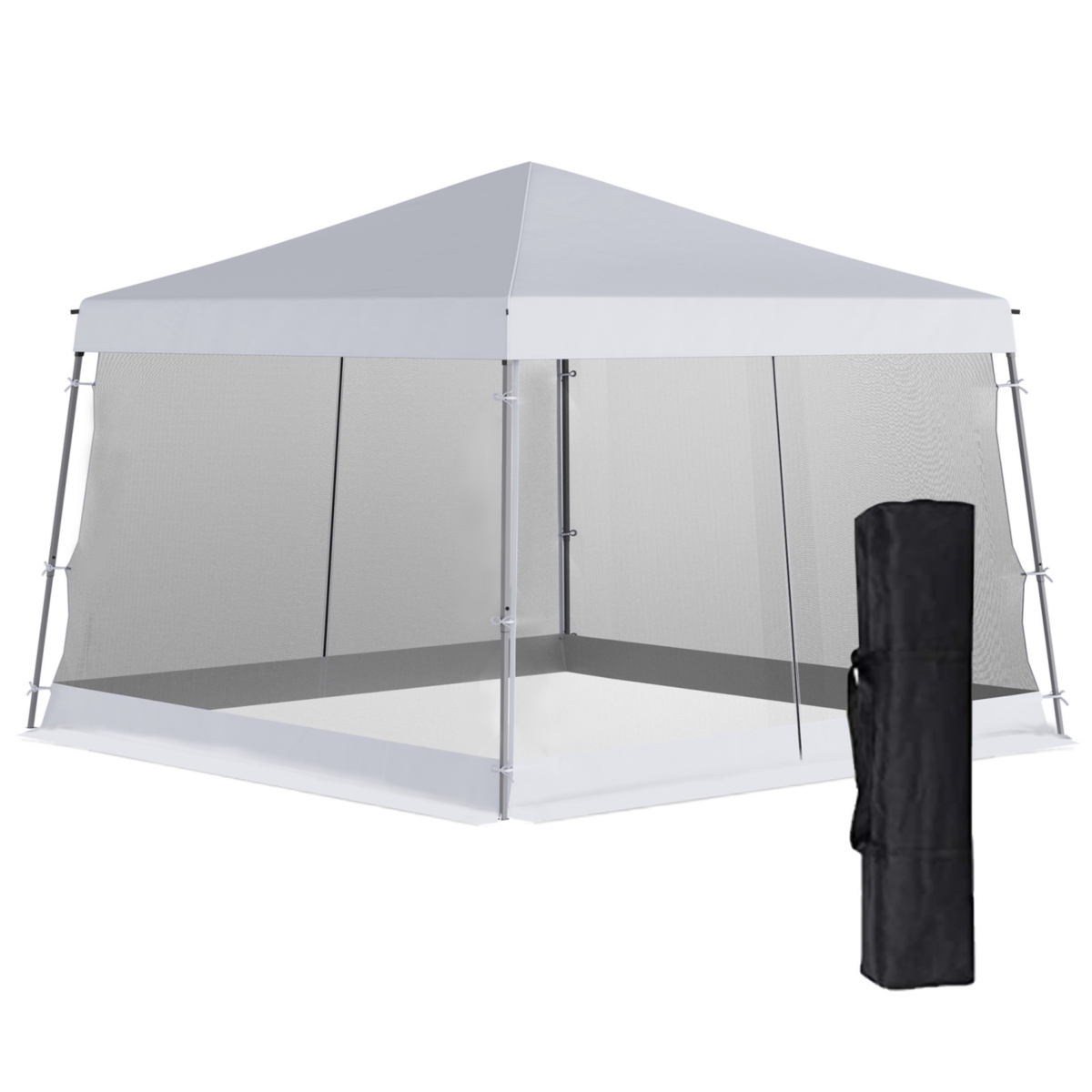 Adjustable Slant Leg Pop Up Canopy Tent with Netting and Carry Bag - White