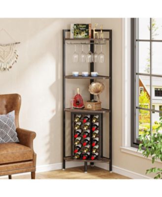 Corner Wine Rack with Glass Holder and Storage Shelves, 4 Tier Corner Bar Corner Wine Cabinet, Industrial Corner Wine Shelf for Living Room, Small Space (Brown)