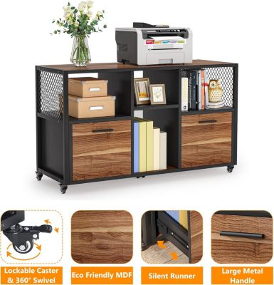2-Drawer Wood File Cabinet with Open Shelves, Mobile Lateral Printer Stand for Letter/A4 Size Home Office