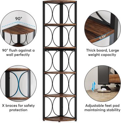 Tall Corner Shelf, 6 Tier Rustic Corner Bookshelf Bookcase Storage Rack Standing Shelving Unit