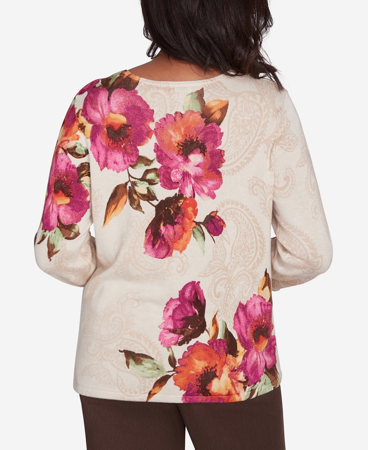 Alfred Dunner Petite Wine Country Watercolor Floral Beaded Split Neck Top In Muneutr