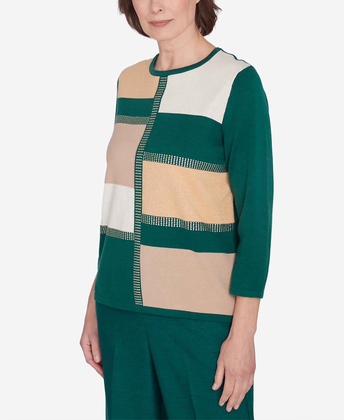 Alfred Dunner Plus Size Emerald Isle Color Blocking Gold Trim Sweater In Mugreen