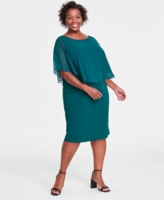 Connected Plus Size Chiffon Cape Sheath Dress - Hunter Green