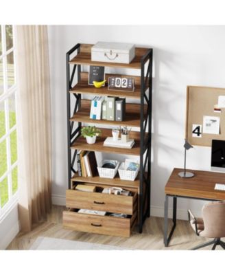 Bookshelf with Drawers, Industrial Bookcase with 2 Drawers, 5 Shelf Open Shelf for Storage, Wood Book Shelf