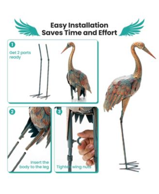 Set of 2 Crane Garden Statues Standing Metal Crane Sculptures Bird