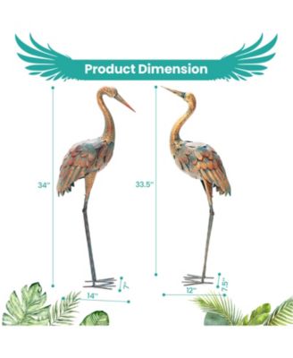 Set of 2 Crane Garden Statues Standing Metal Crane Sculptures Bird