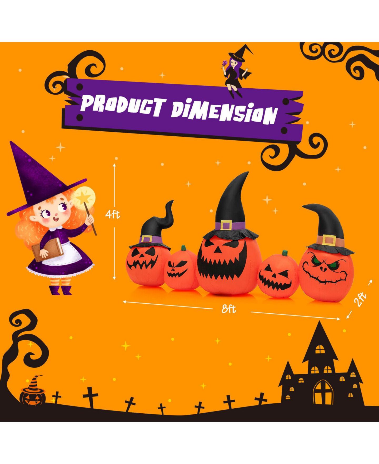 Детская игрушка SKONYON 8 Feet Inflatable Pumpkin Family Waterproof Halloween Yard Decoration with LED Lights, цвет: Оранжевый — фото 5