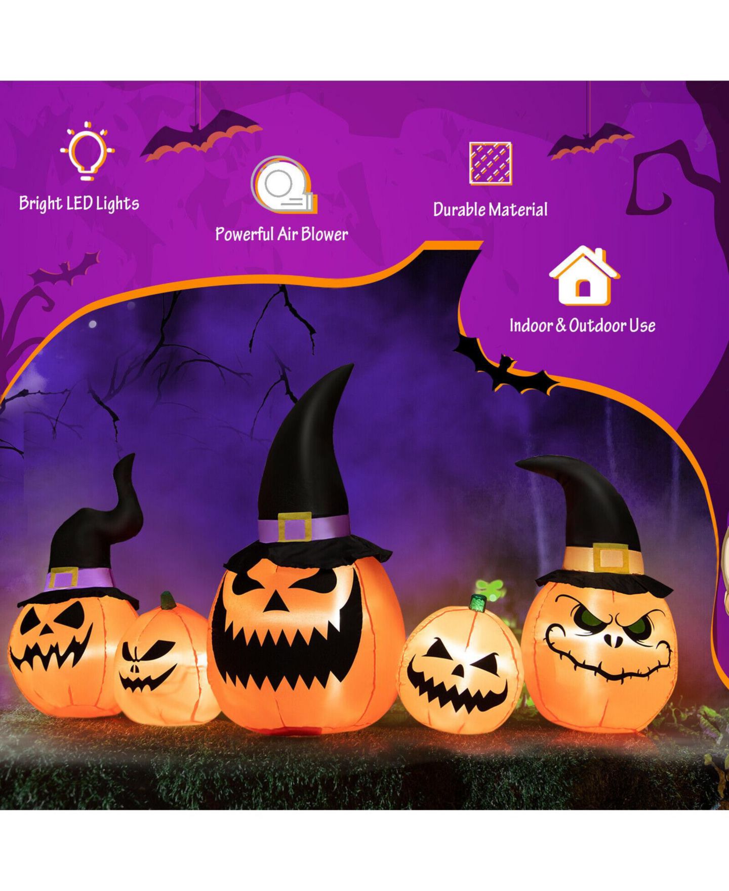 Детская игрушка SKONYON 8 Feet Inflatable Pumpkin Family Waterproof Halloween Yard Decoration with LED Lights, цвет: Оранжевый — фото 8