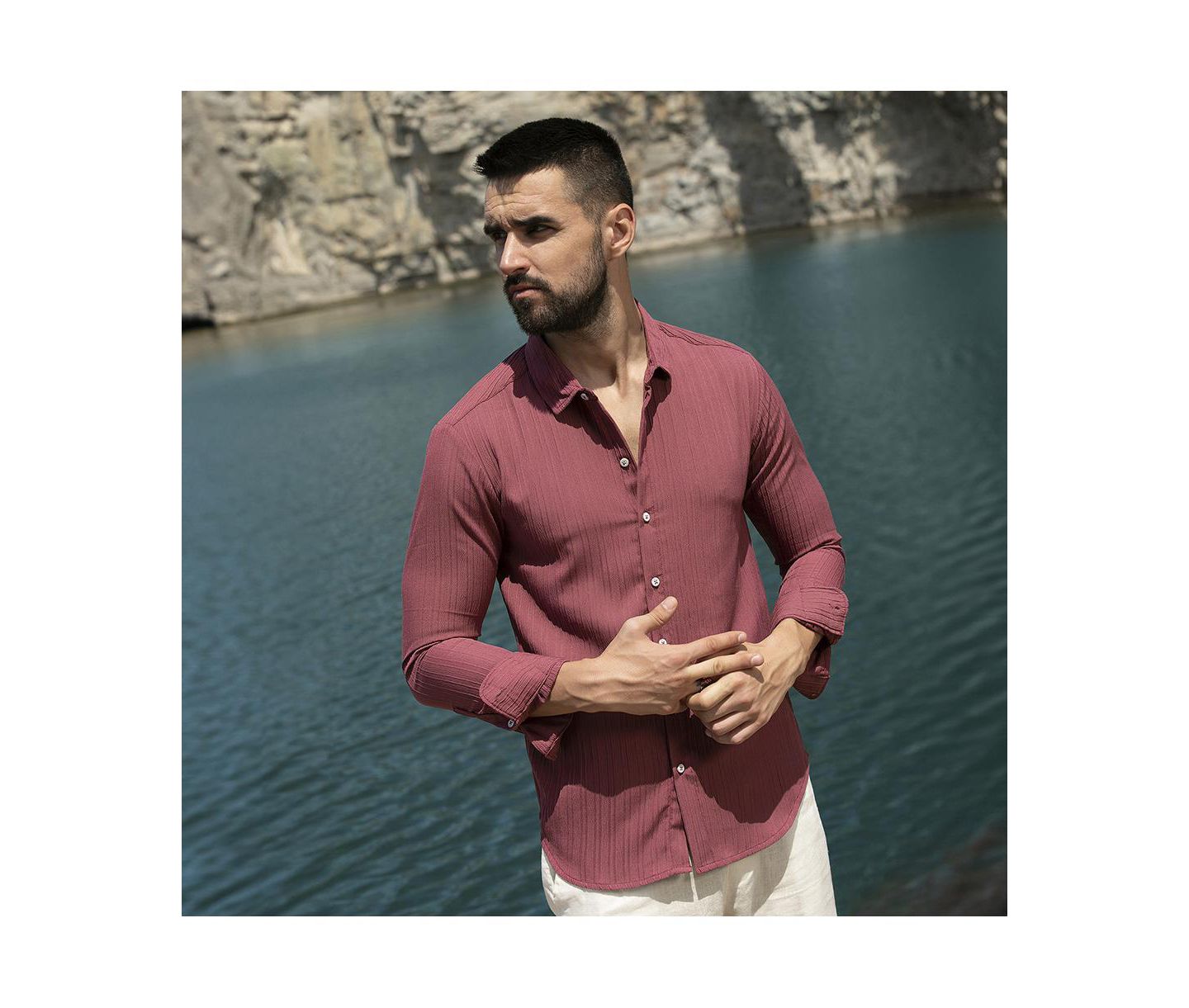 Мужская рубашка Cahoot Campus Sutra Blush Red Self-Design Striped, цвет: Красный — фото 7