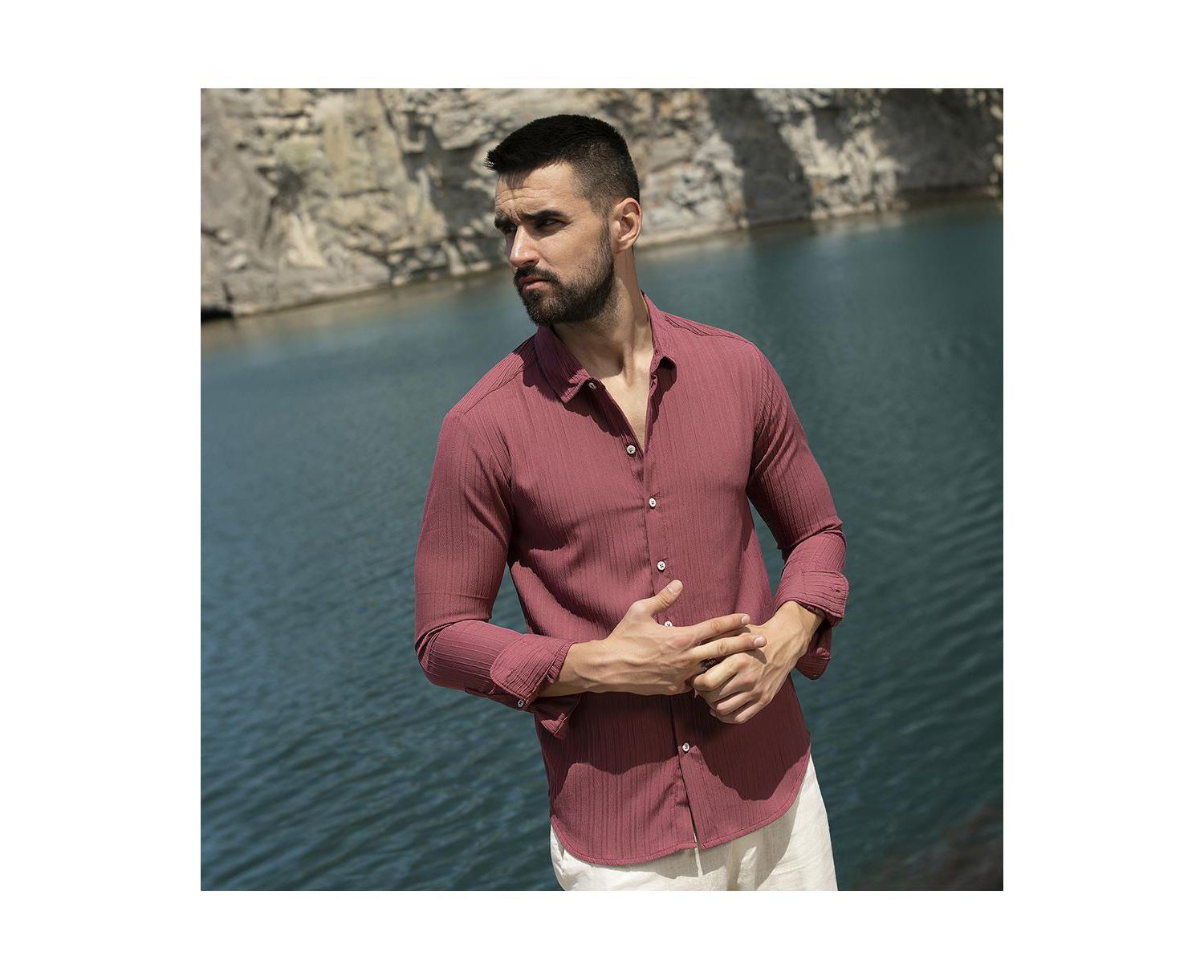 Men's Blush Red Self-Design Striped Shirt