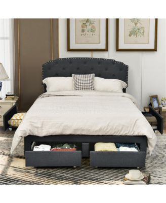 Full Platform Bed Frame with 4 Storage Drawers Adjustable Headboard Grey